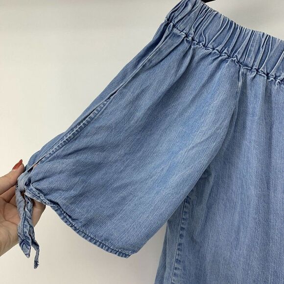Chambray Off The Shoulder Tie Short Sleeves Blouse - Picture 2 of 6